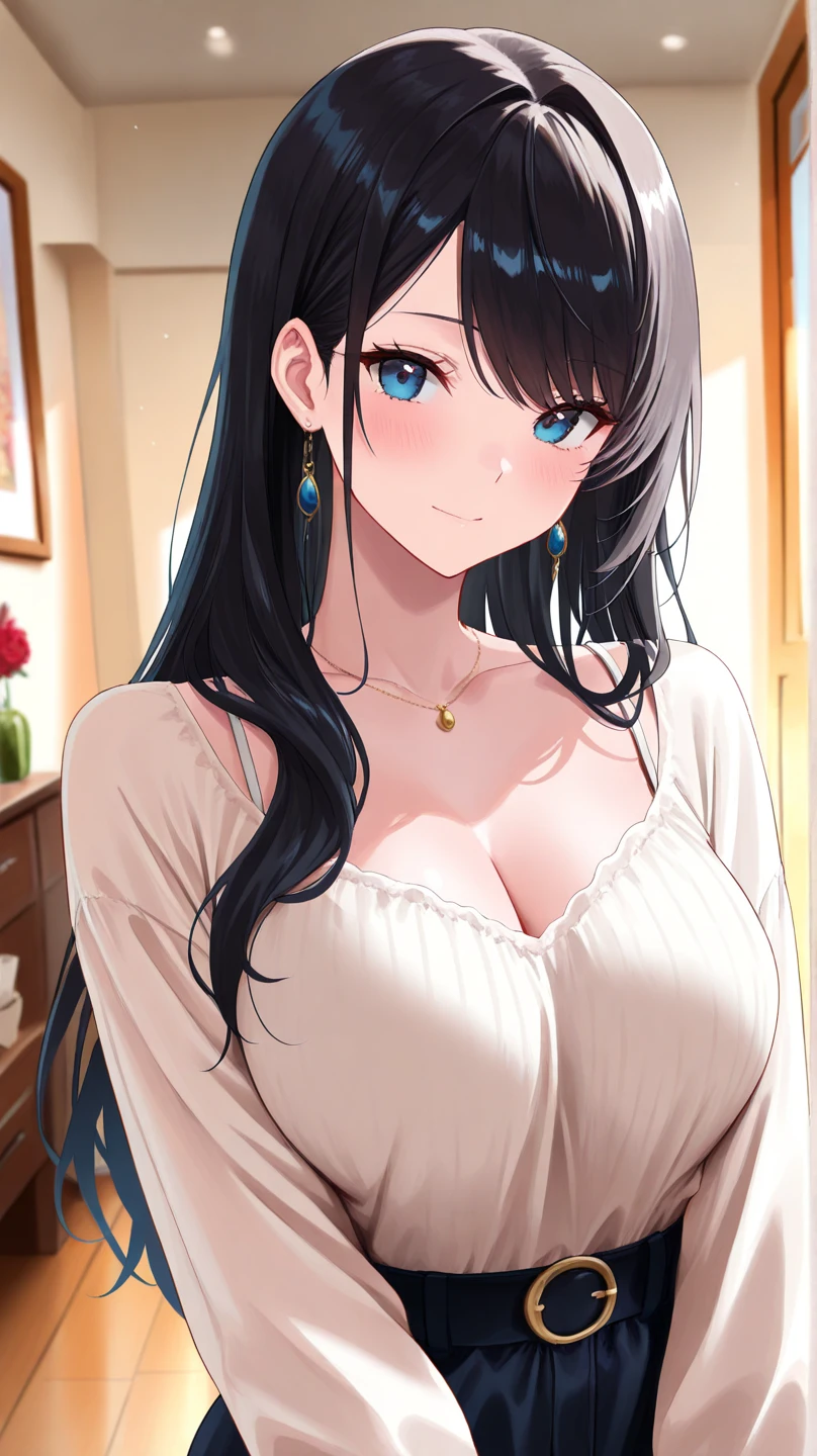 dark hair in a high ponytail, crystal blue eyes, open mouth, horny 25 years old, playfully horny,  busty, cleavage, blouse unbuttoned , skirt, standing, coy smile with open parted lips, (blushing:1.3), looking invitingly at the viewer, seductive eyes, facing the viewer, livingroom background, leaning forward in a doorway, (pov), glowing eyes, necklace, earrings, nsfw, 