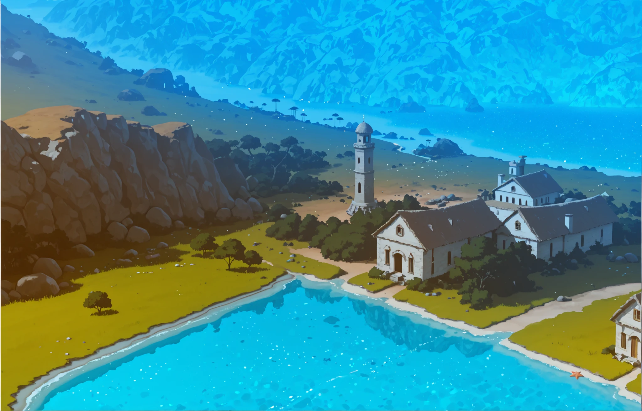 ((location)). ((no piople)) location, grass, stones, an island, details, starfish ((современный an island))