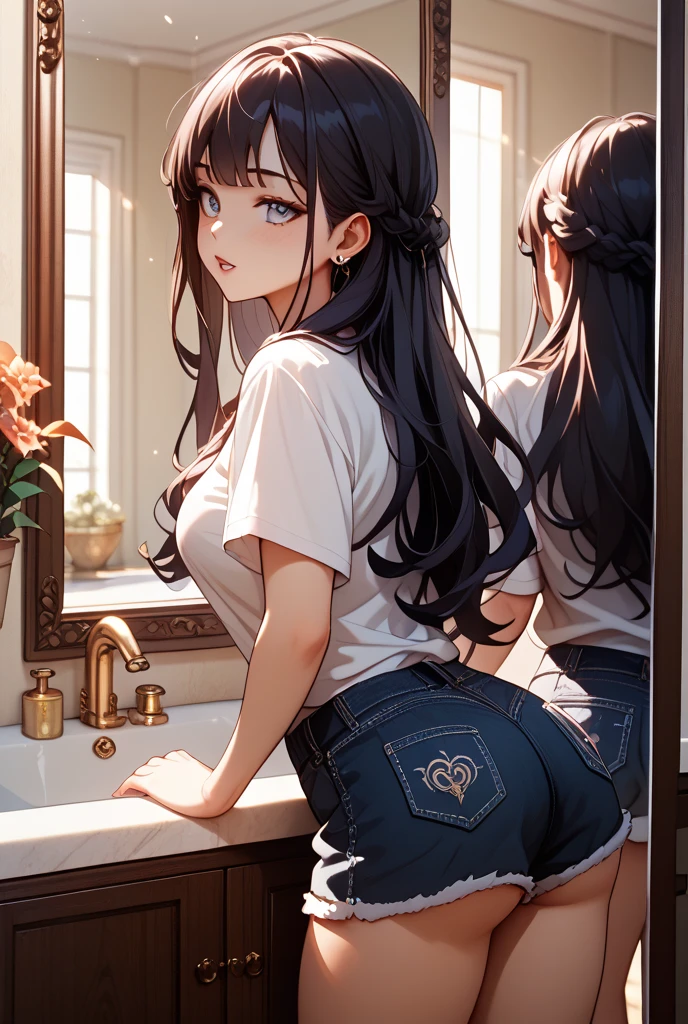 long dark hair / brown eye / ass view / thong / white wall in the back
