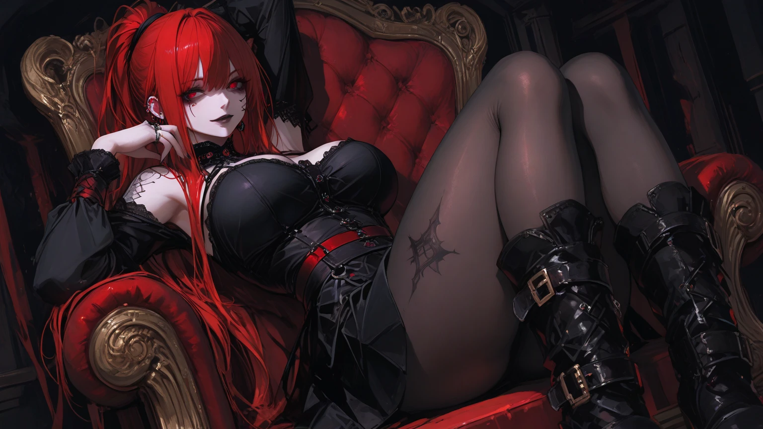Hell fortress, Malicious demon Queen, red hair, red eyes, messy hair, glaring at viewer, POV, throne, laying back, Queen's armor, scale armor dress,
