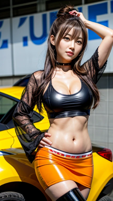 18 year old Japanese sexy model、cute、best quality, 1 female, very tortuous, (big breasts, cleavage)、stoic, dark brown hair, bob hair、racing suit, full lips, seductive tits, skirt、Race queen appearance、A slender、 master painting, best quality, photorealistic, Super detailed, (shiny skin:1.4), slender,dynamic light and shadow,High resolution,Tits sharp focus、A slender、(thick thighs),sky sky、grid girl, underboob, wear a grid_Girl's costume with sponsor's logo printed on it, (stand in a motorsport race)+ left hand on waist、((Angle from below))、blur the background
