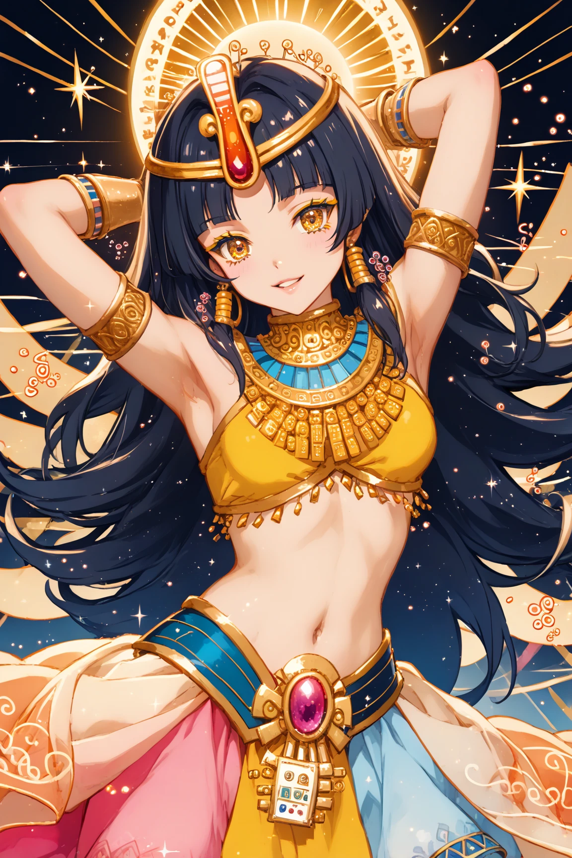 A goddess in a very risqué costume dancing sexy, challenging the limits of eroticism