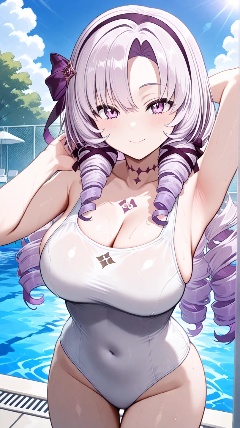 　High level image quality　best image quality　8K　 adult woman    pool party  rain　palm trees  more colors   white body 　portrait　 bikini   　horn    ears  　short hair（（shortcut）（gray hair）（perm）（fluffy））　eye color is blue ,  , 　attractive evil face , smile   ,  sexy pose   ,  labrynth ,  barearm    , wearing white shade shirt    , sitting by the pool , crossed legs  , all wet , view from below 