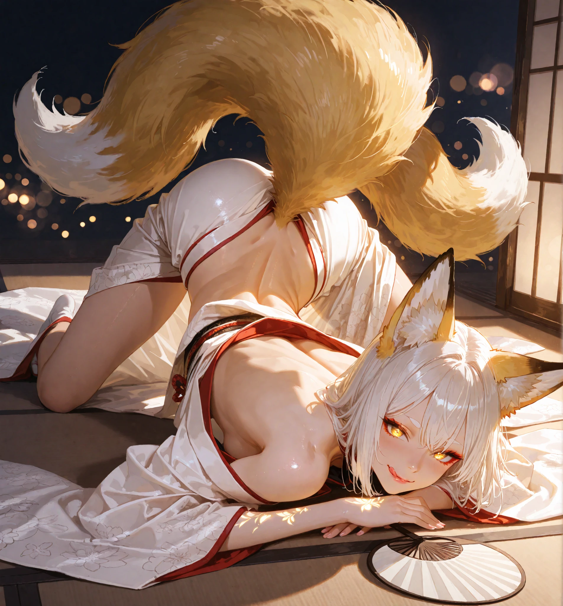 Big fox ears, at a park, milk comes out of small breats, brown larva comes out from anus