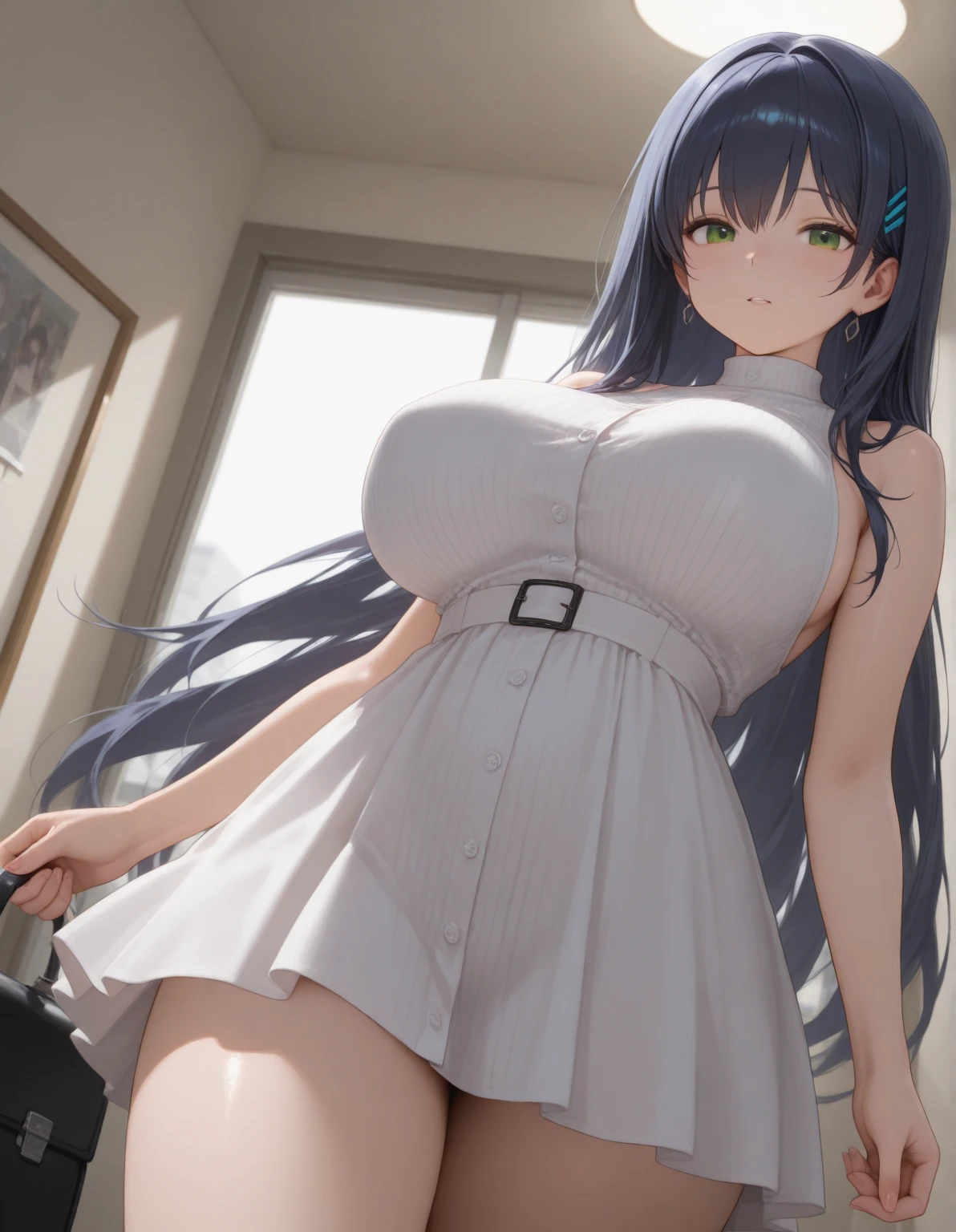 ((Highest quality)), ((masterpiece)), (detailed), One girl, Cosplay,sexy,danmachiHestia, Hestia, blue eyes, Black Hair,open real Pussy ,Twin tails,No Panties, blue bow, blue bowtie, bow, bowtie, Cleavage, Cleavage cutout, Clothing cutouts, dress, hand袋, pencil dress, Rei no himo, short dress, white dress, white hand袋, break outdoors, city, Highest quality, High resolution, (Beautiful attention to detail:1.6), 非常にdetailedな顔, Perfect lighting, 非常にdetailedなCG, (完璧なhand, Perfect Anatomy),Vibrator insertion,No underwear,Nipples showing through,Big Breasts,Plump,white dress turn over Tuck up,See-through,between legs見せる,No pants on,Get wet,Leg spread,squat,hand behind,Angle of view front,Embarrassed,Leg spread,Embarrassed,Reluctant,between legs semen Drooping Overflowing,semenかかる,Detailed depiction of the penis,Precise description,Shaved,hypertrophy,Facial,between legs強調,sensitive,feel,Pleasure,Continuous Orgasm,aphrodisiac,erection,,Nipple piercing,Clitoral piercing,Outdoor Exposure,public,Creampie,Big belly,Detailed description of female genitals,乳首erection blue eyes, Black Hair, Twin tails, Open your mouth, smile, Rest barefoot, Blue ribbon, blue bow tie, bow, bow tie, Cleavage, Cleavage cutout, Clothing cutouts, dress, hand袋, ペンシルdress, (Rei no himo:1.5), 短いdress, White dress, whiteいhand袋, break outdoors, city, break looking at viewer, (Cowboy Shot:1.5), break (Tabletop:1.2), Highest quality, High resolution, unity 8k wallpaper, (figure:0.8), (Beautiful attention to detail:1.6), 非常にdetailedな顔, Perfect lighting, 非常にdetailedなCG, (完璧なhand, Perfect Anatomy),