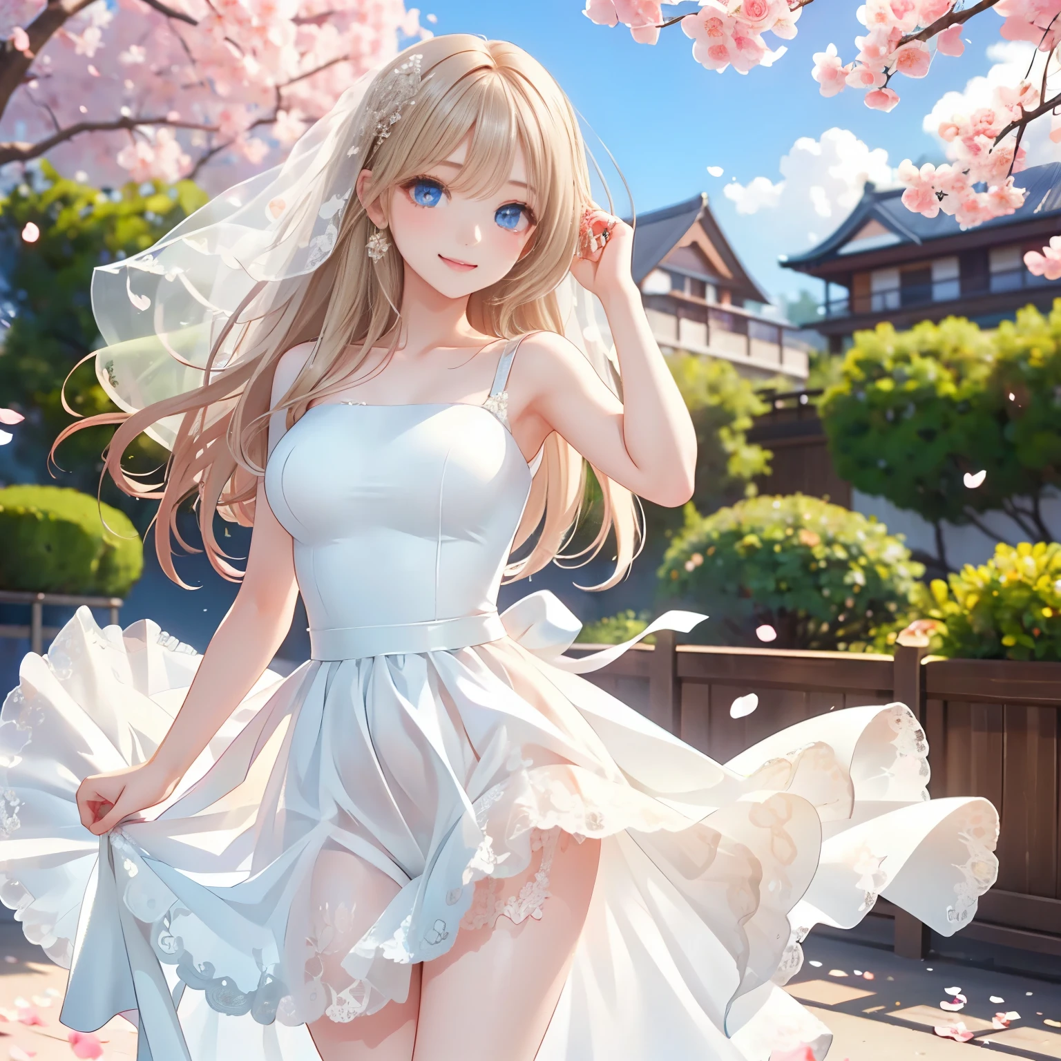 (masterpiece,best quality: 1.4),(8k,raw photo,photo realistic:1.2),shiny skin, detailed skin,detailed face,detailed eyes,Japanese idol,beautiful face,cherry blossom trees, under cherry blossom trees, one beautiful woman, beautiful Japanese woman, well-developed face, model figure, (long hair: 1.2), (wedding dress: 1.3), (happy smile: 1.2), (standing),(wind is blowing her hair and skirt:1.4),