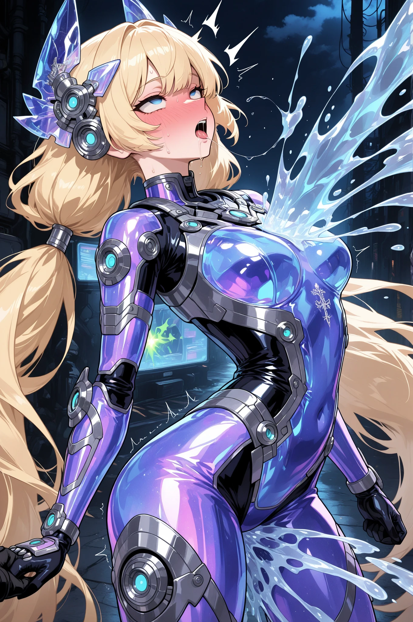 (masterpiece),(Highest quality),(Super detailed),(Best illustrations),(Best Shadow),(Absurd),(Detailed Background),(so beautiful), 16K, 8K,(Best illustrations),(Best Shadow), (so beautiful)angelabalzac, One person, alone, curby, , very long hair, , Blonde, blue eyes, expelled from paradise, , Star-shaped hair fastening, BlueGreen Headgear, low twintails, empty eyes, blank eyes, , , paw pose, Arched back, , , orgasm, , , , , , , , , Sexy posture, , , cross-eyed, rolling eyes, , long tongue , , , , , , , saliva trail, , shiny skin, , , , , , ahegao, BREAK, , Dramatic lighting, Psychedelic Background, Clear liquid, Oculogyric crisis, night, , , Torrent of Light, mysterious, spoken hearts,