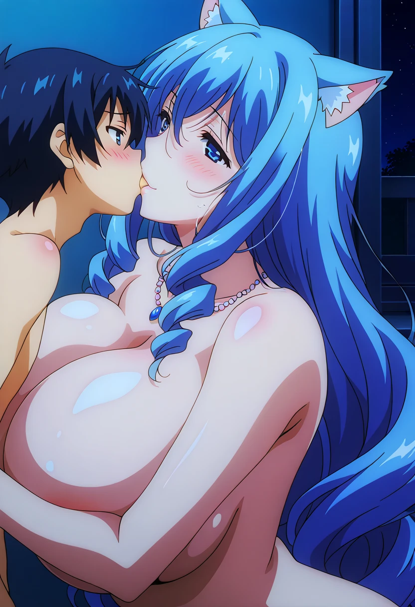 (Front view), (Pafupafu), (head between breast), ((put a man's head between a woman's chest)), (man hugging woman), NSFW, Anime cel drawing style, Best Quality, High resolution, (massive breasts:1.8), (bikini), misaki kureha, (blue hair), Side Ponytail, (Entanglement of males and females), ((Cowboy Shot:1.6)), blush, fear, cry, open mouth, (take a photo of the whole:1.6), (Naked man), ((1girl in, 1man))