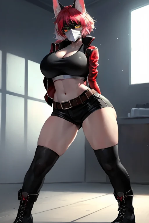 1 woman,muscular arms, Ultra HD, retina, obra de arte, Anatomicamente Correto, pele texturizada, detalhes altos, premiado, Melhor qualidade, 8k, alto,(jacket, holster, gun holster, bondage gear, choker, headband, pantyhose, harness ), shaved pussy, large perfect breasts, wide hips, thick thighs,