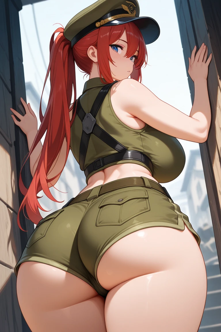 ((best quality)), ((highly detailed)), masterpiece, , (1girl), <lora:UnderButtV4:.8>, UnderButt, looking down, looking at viewer, from behind, dynamic pose, upper body, <lora:hairdetailer:.8>, <lora:Ann_Possible-DEF:.7>, kim possible, long hair, green eyes, medium breasts, smiling, black turtleneck, long sleeves, navel, gloves, utility belt, cargo pants, (indoors, at a garage, car)