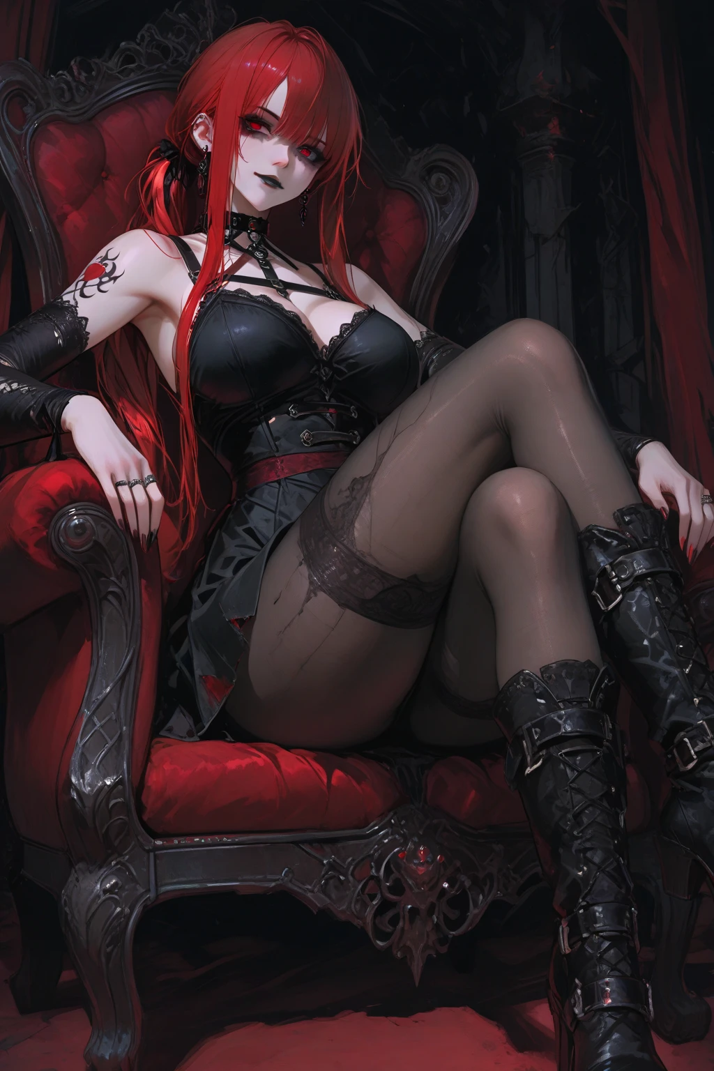 (Dark Fantasy) white girl. Red long hair. Tattooed. Piercings nos seios fartos. Vestes de Alquimista. (Fatal Frame)
