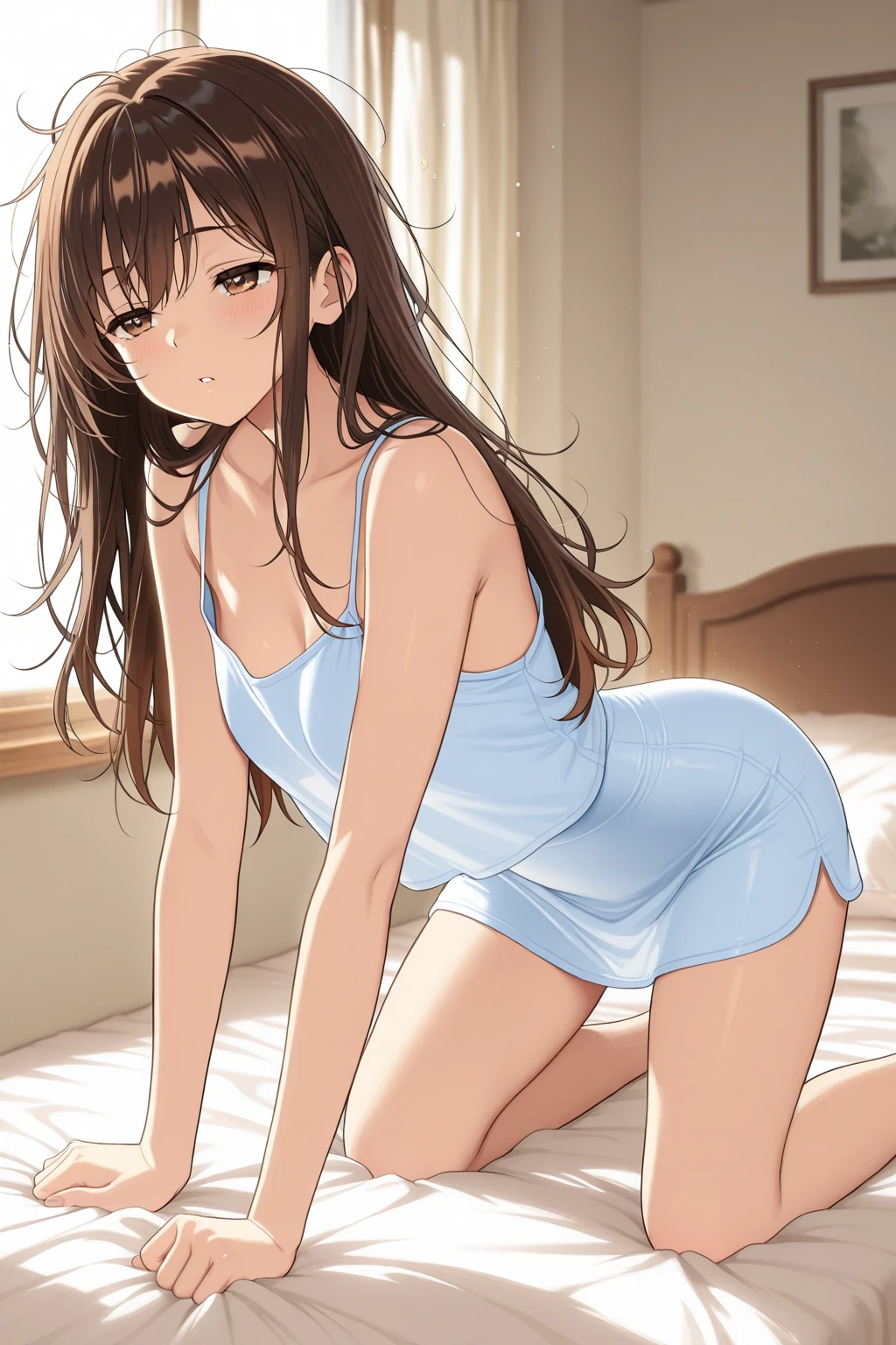 nitta minami,1girl, one-piece swimsuit, old school swimsuit, cameltoe, brown hair, solo,nervous, covered navel,, looking at viewer,, breasts, brown eyes, long hair,bedroom, blush, bangs, collarbone,looking at viewer,nitta minami,closed mouth,((blush)),on back,bed,Sitting with Knees Up on bed, spread legs