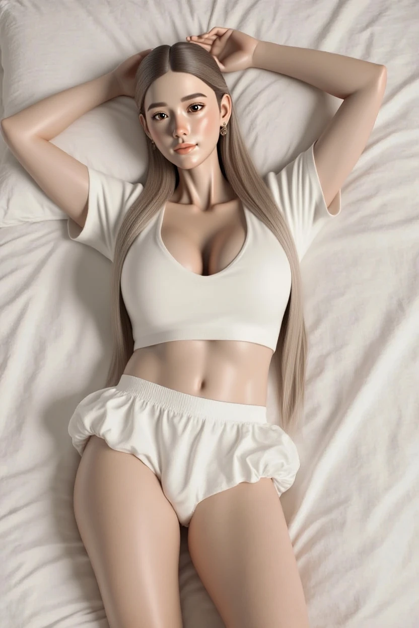 SFW, (Super realistic photorealistic photo of 18 beautiful and beautiful 1 girl in bed: 1.2), Tight sheer clothing, 4K, 8K, HDR, (depth of field: 1.2), bokeh, hyperdetail, (naughty: 1.2) facial expressions, (thick body), (super big breasts), (wet panties)), ((lying down and spreading legs to show the public ultra HD clear wet details)), [narrow hips], cinematic lighting with quality and detail