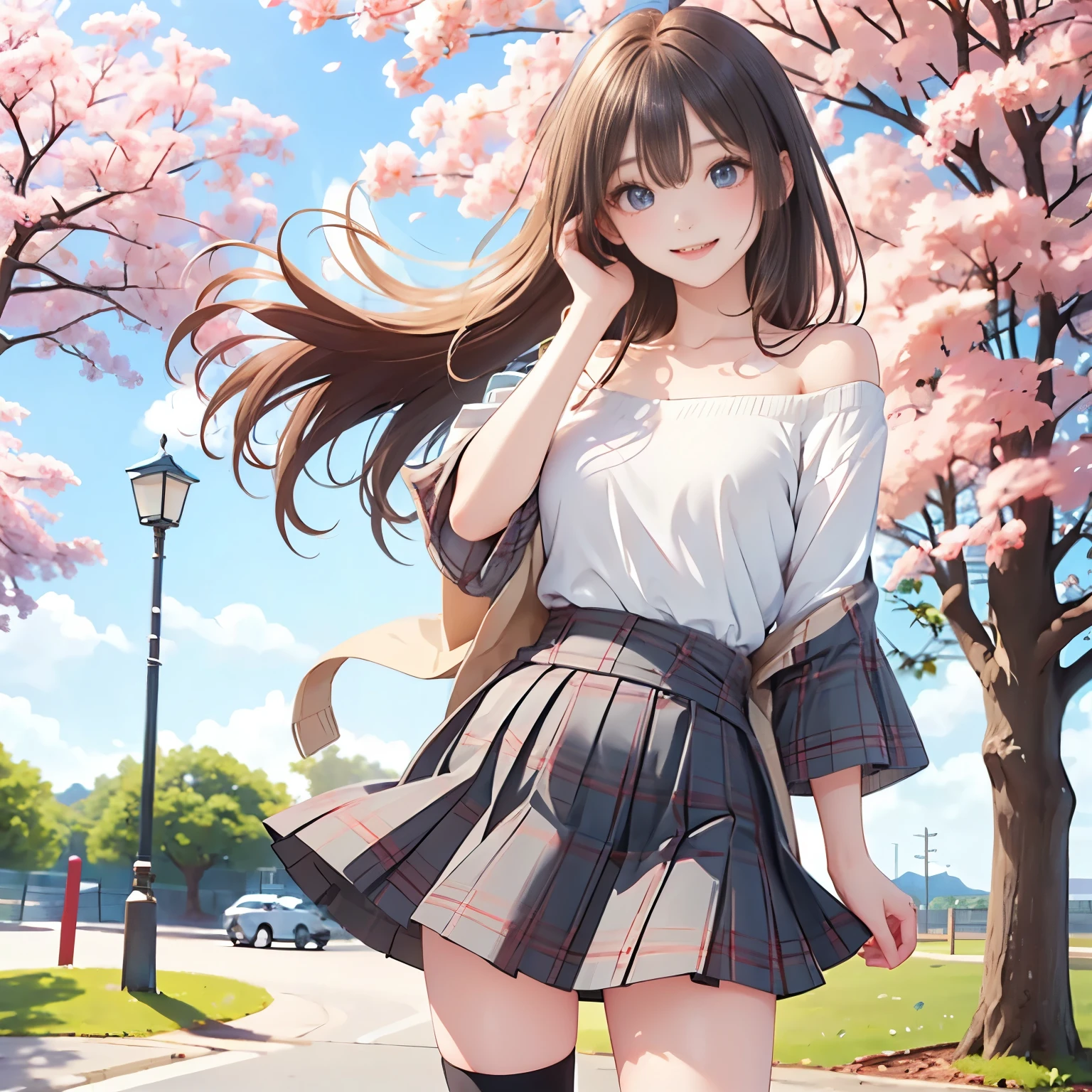 (masterpiece,best quality: 1.4),(8k,raw photo,photo realistic:1.2),shiny skin, detailed skin,detailed face,detailed eyes,Japanese idol,beautiful face,cherry blossom trees, under cherry blossom trees, one beautiful woman, beautiful Japanese woman, well-developed face, model figure, (long hair: 1.2), (off-the-shoulder shirt, plaid mini skirt, black knee-high socks: 1.3), (happy smile: 1.2), (standing),(wind is blowing her hair and skirt:1.4),
