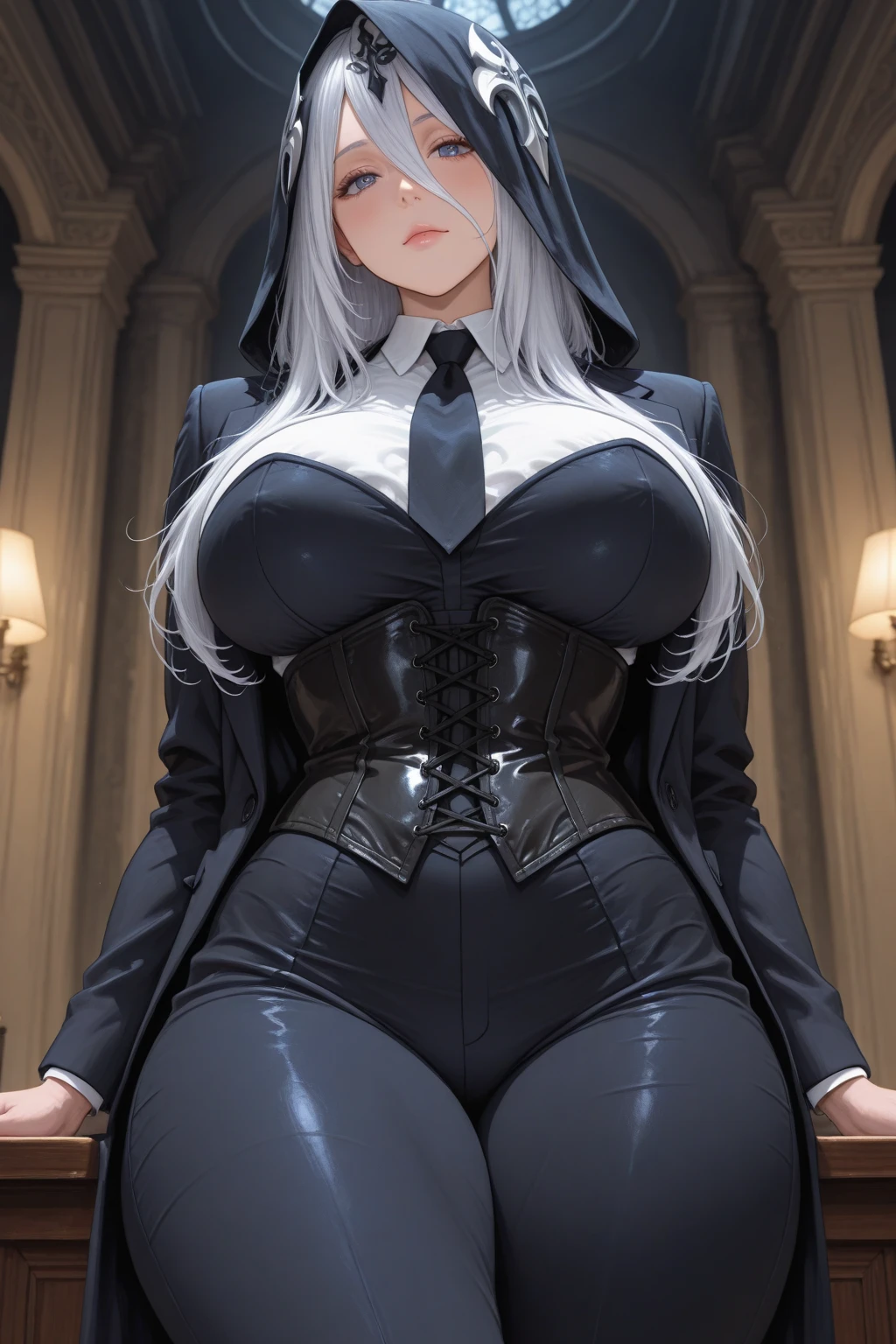 Beautiful 21 year old white-haired black girl, big ass, sexy_tits, elf ears, horns, dark skin,((long black leather pleated skirt, black leather long-sleeve, white formal shirt buttoned up with neck tie)), (translucent nylon stockings), ((muscular physique)), ((strong muscular legs, beautiful large white eyes, lighting, standing pose in a mma octagon, th1t, thigh high stockings, cyber punk mask