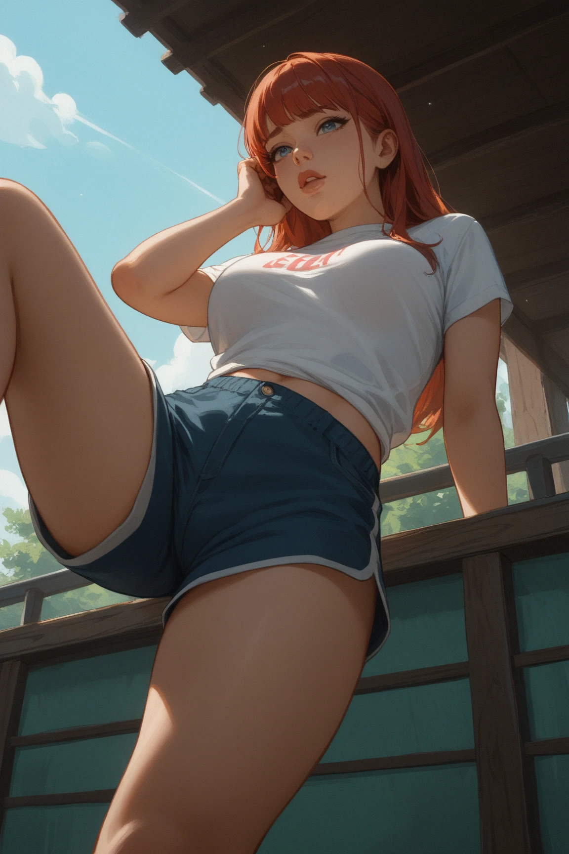 masterpiece, best quality, ultra-detailed, photorealistic, illustration,(1girl),beautiful detailed eyes, locker room, close up, (breast focus), (squatting:1.2), (from below:1.1), legs open, reddish blonde hair, ponytail, medium breasts, (breasts out:1.3), off shoulder:1.1), shorts, crop top