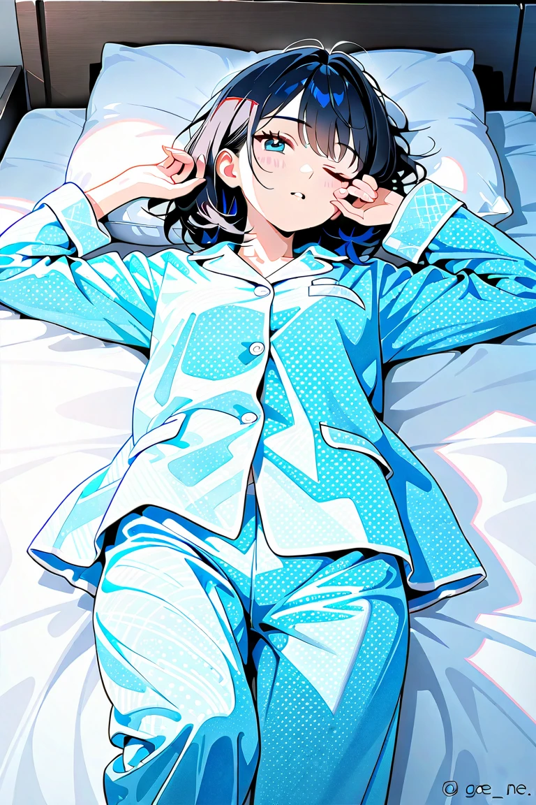 masterpiece, highest quality, High resolution, brown eyes、smile、pajamas、nightwear、sleep、Are sleeping、inside the futon、Under the towel blanket、掛inside the futon、on the bed、Bedroom、Close ~ eyeidnight、short hair,blue hair, white skin、thick legs、,embarrassing,