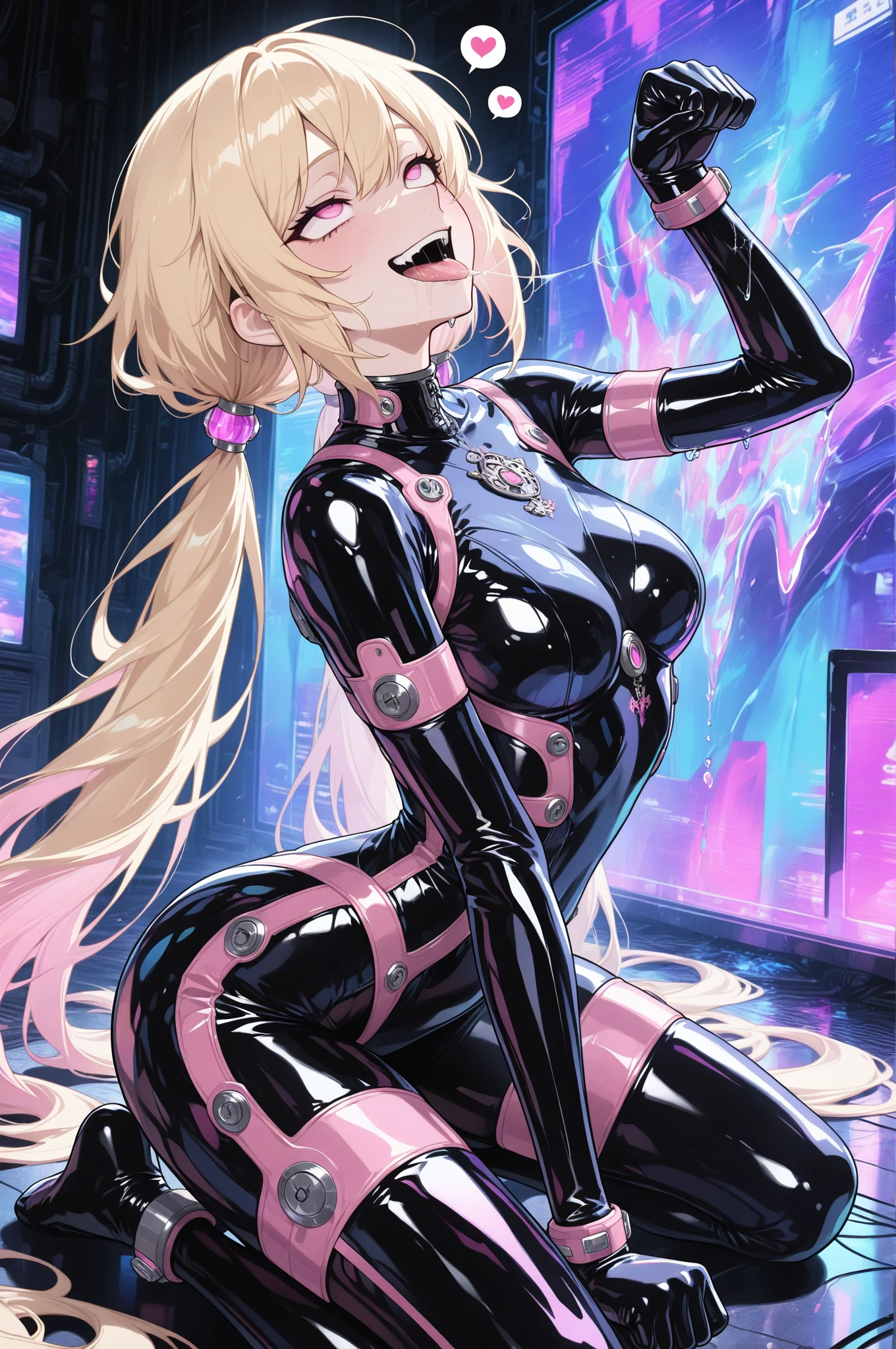 (masterpiece),(Highest quality),(Super detailed),(Best illustrations),(Best Shadow),(Absurd),(Detailed Background),(so beautiful), 16K,(Highest quality), 8K,(Best illustrations),(Best Shadow), (so beautiful)angelabalzac, One person, alone, Big Breasts, , , , very long hair, , Blonde, blue eyes, Deva Battlesuit, Elbow hand pockets, headgear, Low twin tails, empty eyes, blank eyes, BDSM, bondage, , , sweat, , orgasm, afterglow, erotic smile, pussy, crimson lip, , , , , Sexy posture, dynamic pose, , cross-eyed, rolling eyes, , , , , , , , , saliva trail, full-face blush, Detailed super oily shiny skin, , , orgasm, , , arched back, , torogao, ahegao, BREAK, pink neon, Dramatic lighting, psychedelic, Clear liquid, Oculogyric crisis, night, wonderland, , colorful, Fantastic Light