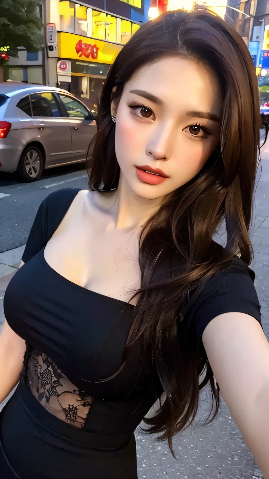 ((Best quality, 8k, Masterpiece :1.3)), Sharp focus :1.2, A pretty woman with perfect figure :1.4, Slender abs :1.2, ((Dark brown hair, big breasts :1.4)), (wearing button up shirt, Jean :1.1), City street:1.2, Highly detailed face and skin texture, Detailed eyes, Double eyelid, braless