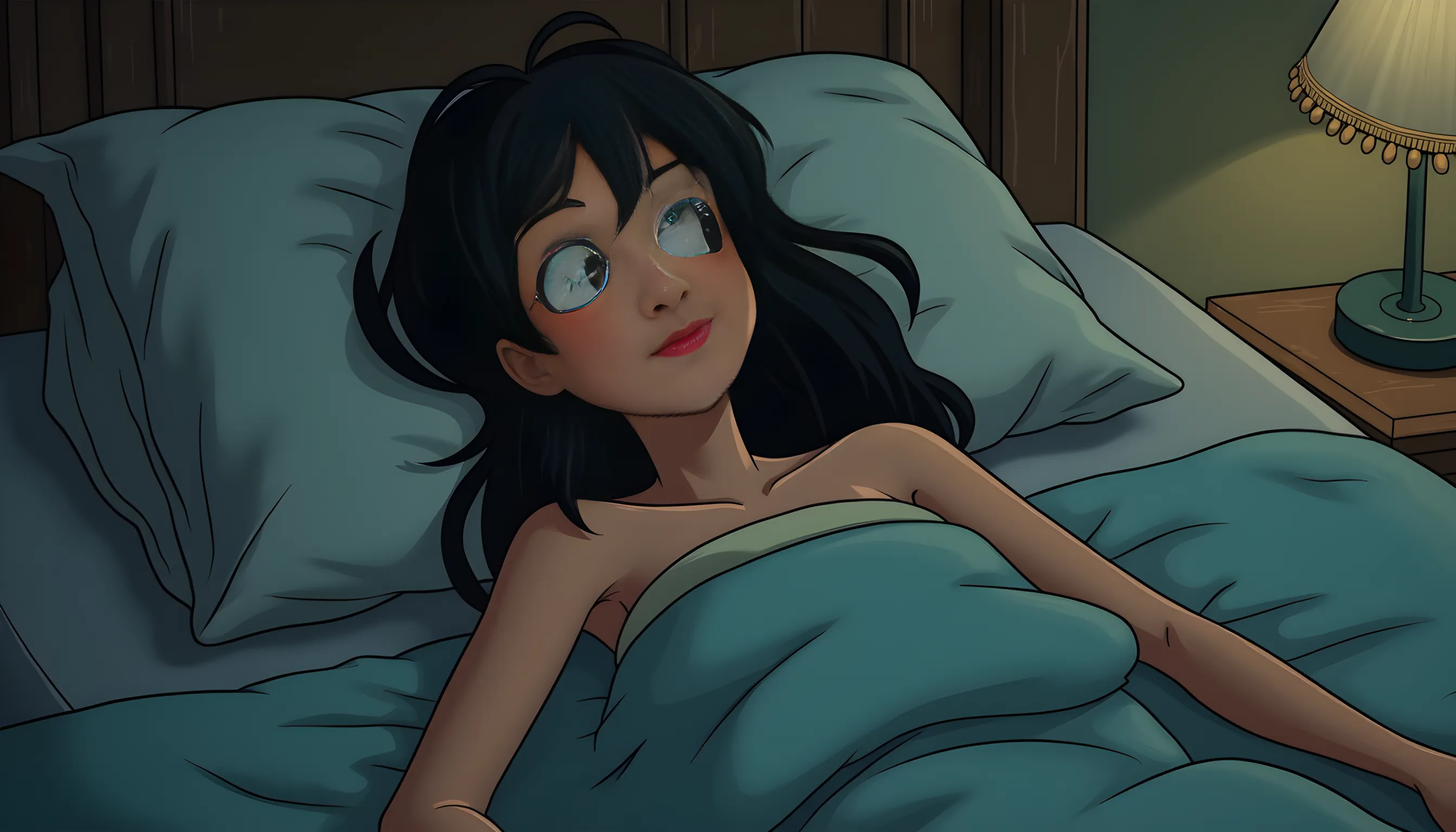 Ralph Bakshi Style, Curvy blue eyed girl with long wavy black hair and small breasts, (cruel_expression):3.0, milking breasts, farting:3.0, in bed, night