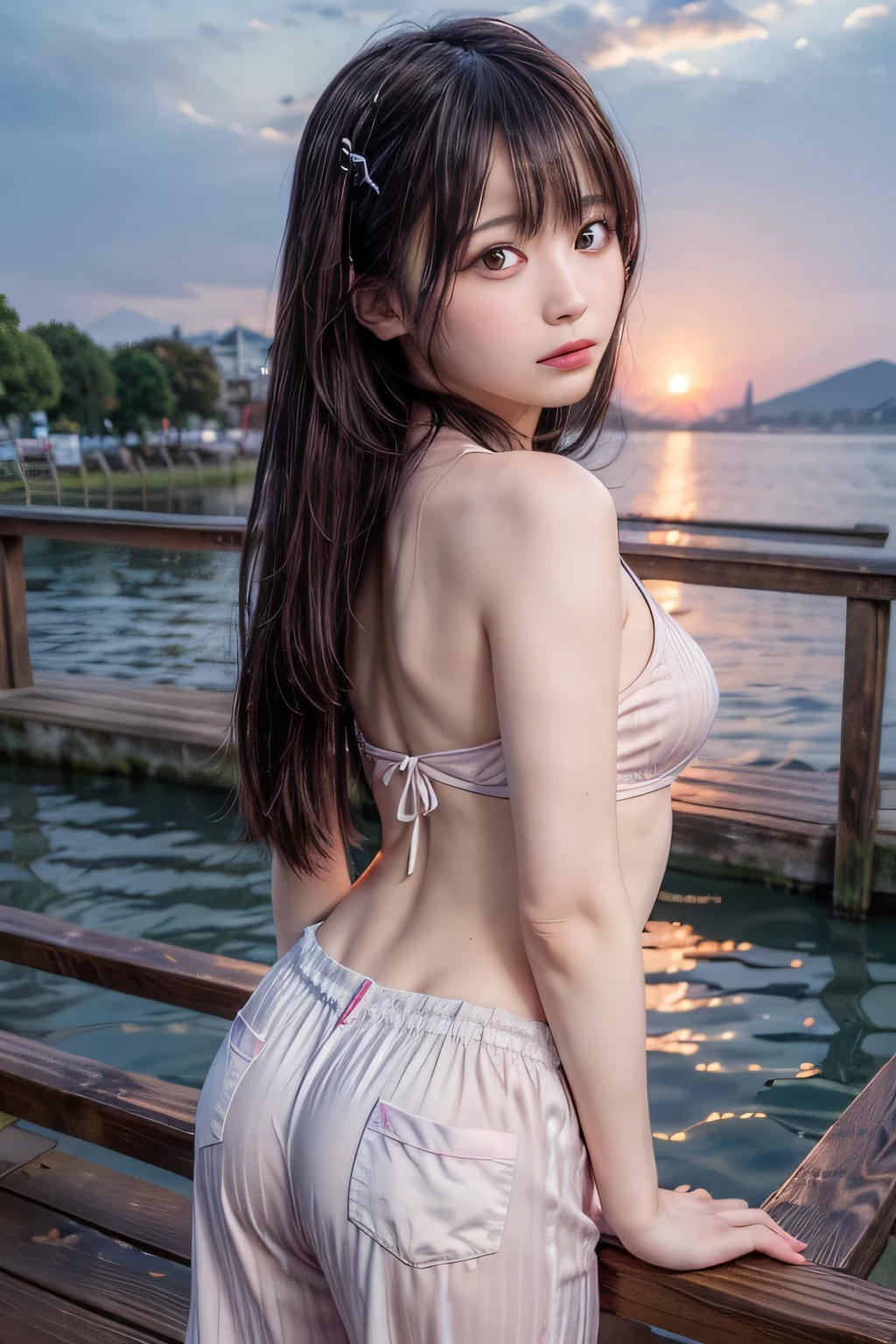 SFW, Looking Back Viewer,
((((Port Town:1.5, Many Steep Stone Steps in the Mountain:1.5, Temples existing Halfway in the Mountain:1.5, too Many Small Islands:1.2, Small Ferries:1.2, A Big Bridge which Connects Islands in the Other Side:1.2)))),
Short Bob Cut:1.2, Japanese, 20-year-old girl:1.2, Wide-Set Eyes:1.2, (Brown Hair, Messy Hair, Blush, Embarrassed, Very white skin, Open Mouse Slightly), Smiling:1.0, Ecstasy:1.0, Pout:1.0, School Gym Buruma:1.2, No Hair-pin:1.0,
Medium ASS, Small Breasts, (Very protruding buttocks:1.5, Very high protruding buttocks:1.5, The waist is slim),
(8K, RAW Photo, Best Quality, Masterpiece:1.2), (Realistic, PhotoRealistic), (Extremely Detailed 8K Wallpaper), (Perfectly anatomically correct:2.4, Beautifully Detailed Eyes, Finely Detailed Face),
One Hand on own Face:1.0,
from Below:1.5, from Side:1.2, from Back, Full Body, Dynamic Angle,
((Professional Lighting:1.5))