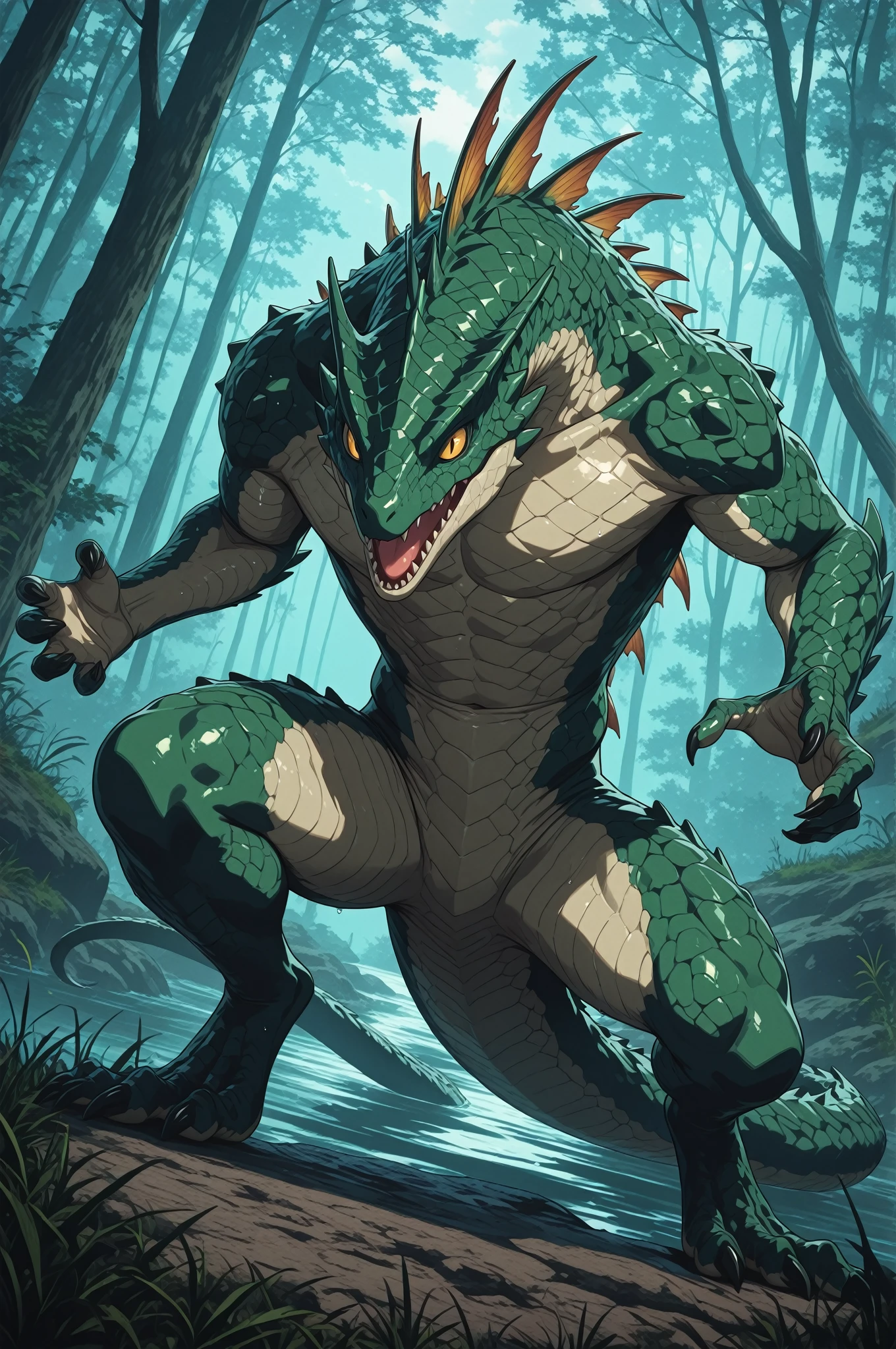 sweating a lot,muscular,Topless,Rainforest,hairy,personification,chest hair,Serious face(scars in the face) Mature (blue eyes)Huge muscle ripped abs wild,Crocodile of tribal ambition