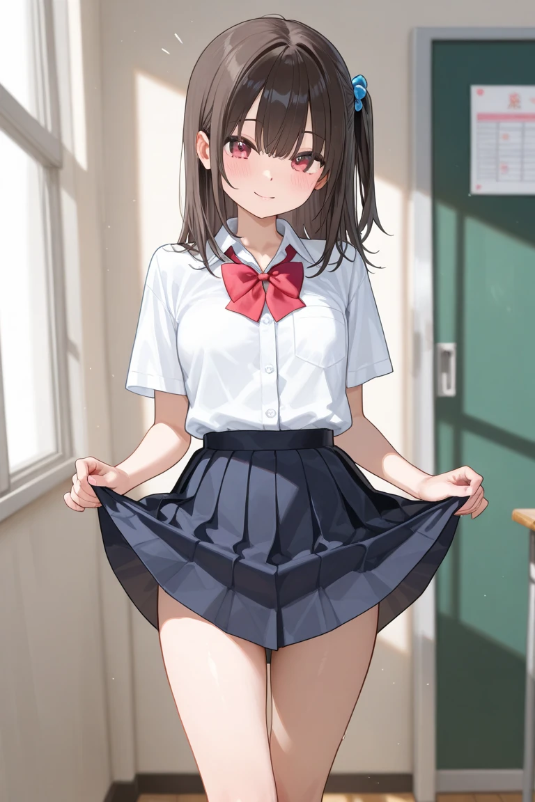 2 girls, smile:1.3, shirt, skirt, (small),((classroom:1.5))、、(blush:1.3)、((青いチェック柄のskirt:1.5))、Cowboy Shot、(skirt lift:1.3),(Highly detailed panties:1.3)、(Highly detailed white panties:1.3)、、(skirt that rolls up:1.3)、(Full-fledged panties:1.5)、,((Pure white cardigan))、((spoken heart:1.5))
