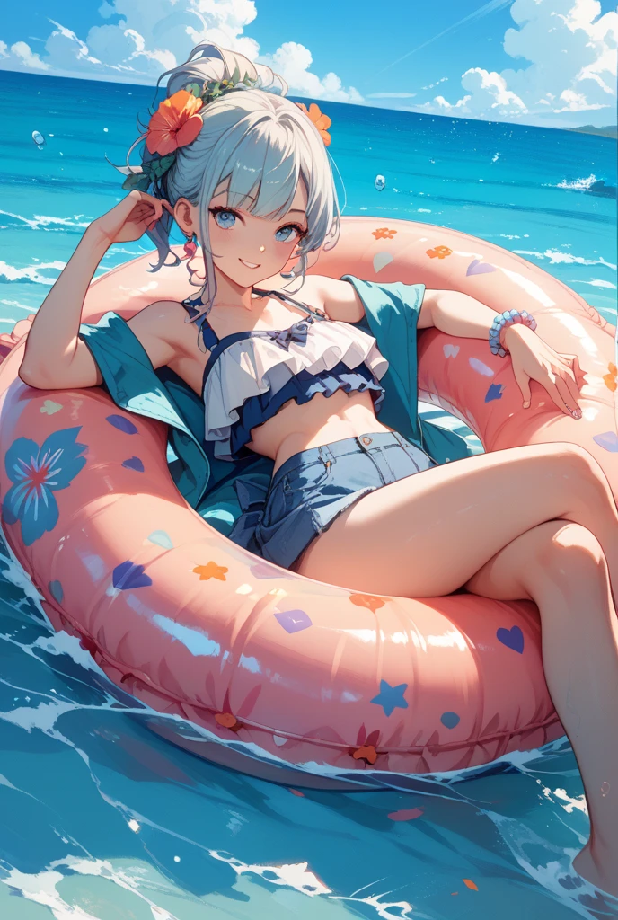((Highest quality)), ((masterpiece)), (detailed), an anime girl, in white bikini, on large circular floatie, 1girl, beach, 独奏, swimsuit, barefoot, school swimsuit, sand, purple eyes, twintails, wet, spread legs, covered navel, breasts, lying, blush, on back, white school swimsuit, looking at viewer, outdoors, long hair