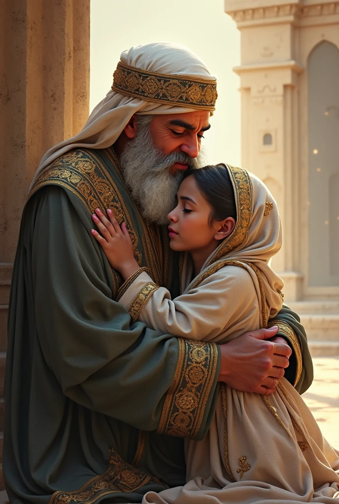 Describe the intense emotion captured in this historic image. Imagine yourself transported to the time of Moses, where a man and woman meet in a warm embrace. They seem to be celebrating a special moment or maybe getting back together after a long separation. Describe the expression of joy, relief or love on their faces. Explore the atmosphere around them, painting a vivid picture of the historical environment. Super cinematic realistic in 4k