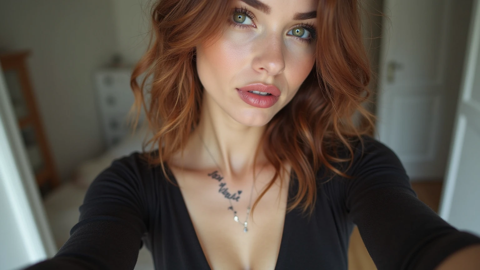 hyperrealistic beautiful busty 18-year-old women wearing latex men's suit, model shooting full body photography, view from behind, natural redhead short curly bob, dark eye makeup with eyeliner, seductive smile, small necklace, 8K, Best quality, Meisterwerk, ultra high resolution, (Realismus: 1.4), Originalfoto, (realistische Hautstruktur: 1.3), (Filmkorn: 1.3), (Selfie-Winkel), 1 girl, Beautiful round hazel eyes and facial details, Meisterwerk, Best quality, selfie-pic-posing outside, nsfw