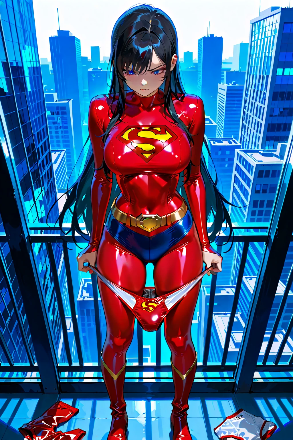 A bare-legged office girl superhero in a high-cut leotard, boots, and boots uses her superpowers