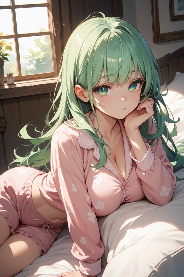 1girl, solo, indoors, on bed, lying, sleepy, pillow, cloled eyes, half-open mouth, blush, breasts, large breasts, cleavage, yellow pajamas, Polka-dot patterned nightgown, medium hair, lime green hair, dark skin,