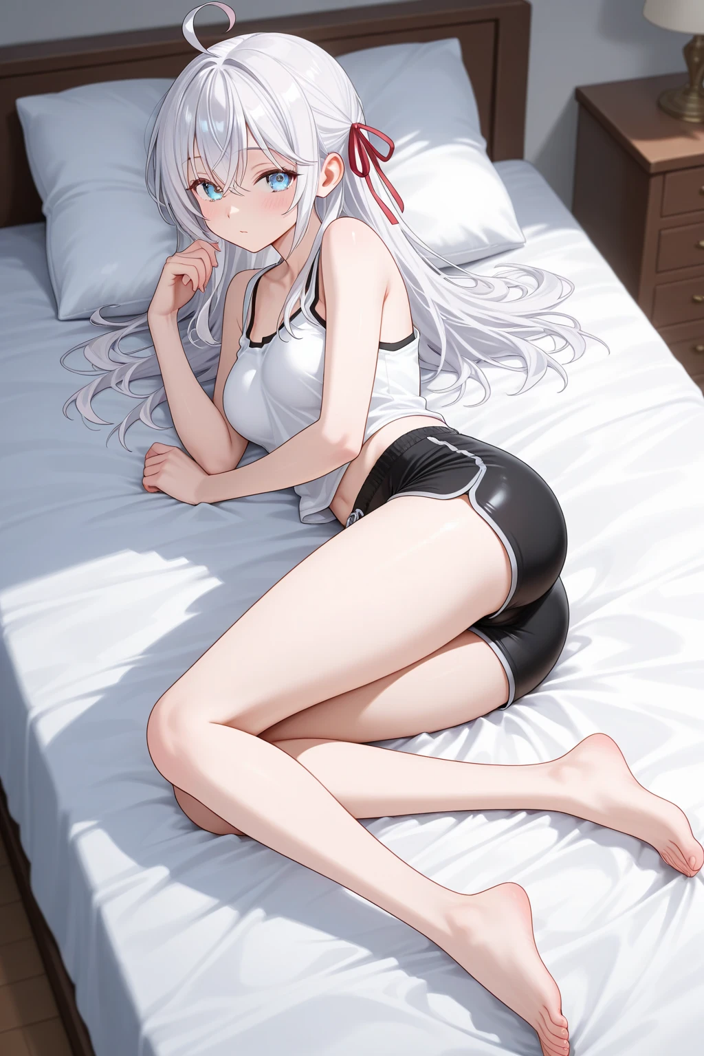 hiquality、top-quality、Full limbs、The ultra -The high-definition、complete fingers、Slender beauty、ssmile、Wearing a shiny school swimsuit、shinny skin、Black knee high、large udder、Bedrooms、Dramatic Writing