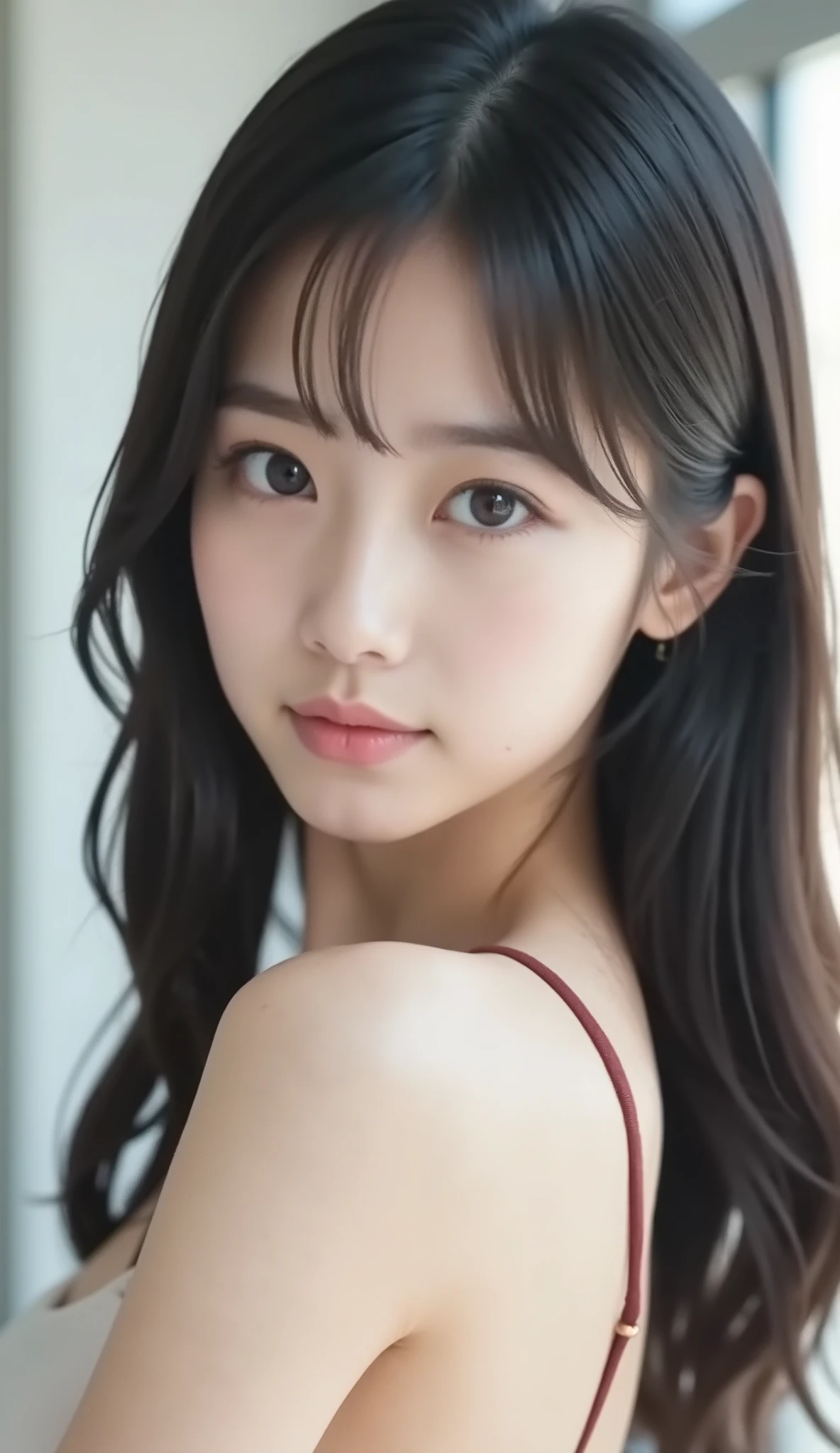 NSFW, (topless:2.0), 8 girl, black hair, Japanese, (masterpiece:1.3)、1 person, Super detailed finish、(High resolution、8K:1.3)、(highest quality、Ultra-realistic as a photo:1.harp focus, 超High resolutionの顔、the face is in focus、Ultra high definition and beautiful eyes, very cute、very cute, smile,, embarrassing:1.tare at the camera:1.2,, soft light, thin, track and field athlete, thighs, belly button, slender,