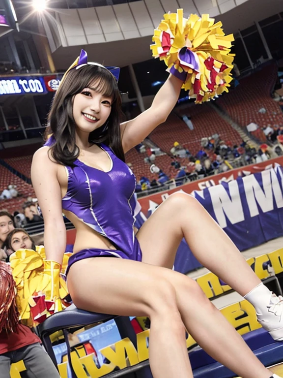 (4K, high resolution, masterpiece: 1.2, best quality), cheerleader, A fox's tail grows out of his butt, lovely Japan woman at 20 years old, wink, kawaii, smaller face, looking ahead, detailed hands, detailed fingers, detailed feet, detailed hips, detailed thighs, middle breasts, middle hip, smile, head : 1.3, sharp focus, night, stadium, artificial light, soft lighting, dynamic angle, (so detailed face: 1.2): 0.2, sweaty skin, dancing