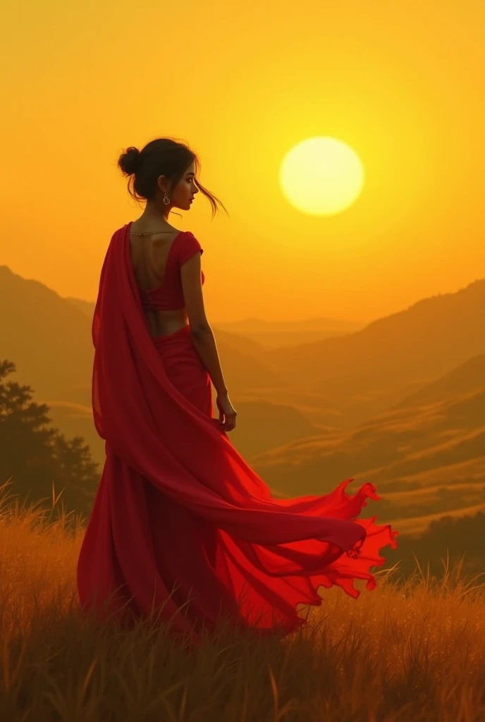 Wide Frame, background of mountains covered by vegetation, sky with soft clouds of a soft orange color, The rays of the sunset sun filter through the clouds, surreal atmosphere, bruma tenue, slim woman with beautiful silhouette, with a gauze cloth surrounding his body, in a dancer's pose and Caucasian features, on a rock, surrounded by a meadow of long yellow grass waving in the wind, short hair, dark and curly, looking into infinity, woman occupies a small part of the painting, It is part of the landscape, studio lighting, the light of the sunset marks its silhouette. Parada en un pie on a rock, full body picture, the landscape surrounds it