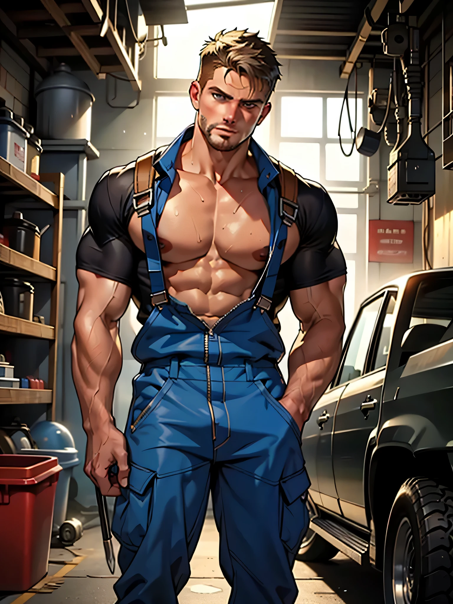 NSFW ,masterpiece , 8k , best quality ,very very detailed face , natural eyes, 1man, young man, boy, muscled and mature, stephen amell as a mechanic wearing totally unbuttoned overall, showing COCK , his nipples and muscles , mechanic tools , sweating, tight cloth, , full body view , working on a car