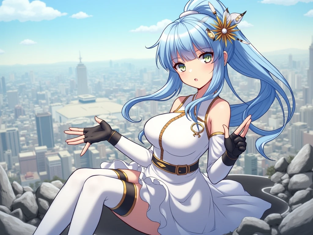 （（ best quality， 12k， masterpiece ：2））， beautiful woman with perfect body ，Royal sister，Huge，long legs，Radish legs，High material，huge ass，Thick thighs,Big breasts and thin waist，high socks，light blue hair，long hair，Cat ear，cat tail，Blue eyes smile，long legs，（（round frame glasses，Uniforms，Sailor suit，White short sleeves，pleated skirt，red bow tie）），glowing blue eyes，Sit in a tall building，City，ground，balcony