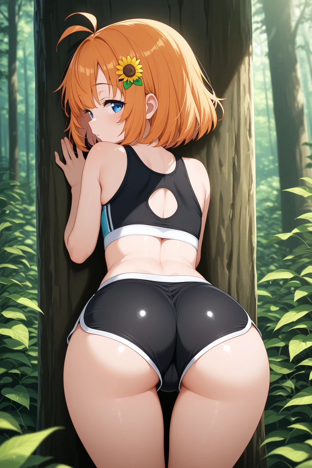 (masterpiece, best quality:1.2), standing, 1girl, from behind, bent over, looking back, bare legs, :o, ?, <lora:GallicaMR:0.8> gallicamr, short hair, hair over one eye, hairband, pointy ears, leotard, forest, trees