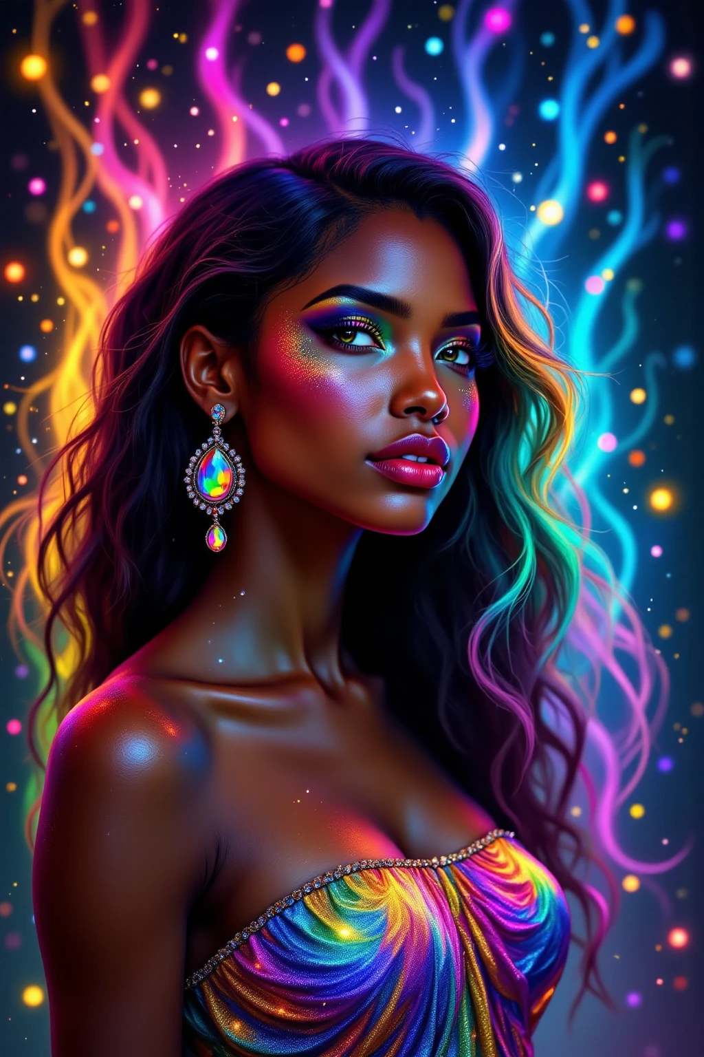 Impressionism drawing of a 25 year-old glamorous black Sudanesequeen with dark skin, soft hair, wearing a sheer gossamer couture crystal colored dress with a jeweled corset, sparkling eyes, she’s holding a colorful crystal that is prismatic, she is surrounded by a cavern of small hanging crystals blurred in the background, depth of field, shimmering, cinematic, photorealistic facial features, dark pastel iridescent colors, mystical surrealism, crystalcore, fujifilm superia --ar 2:3 .0, manga art style, bokeh, by norman rockwell --v 6