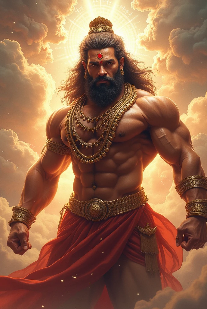 A striking, visually captivating illustration of a powerful Maratha warrior standing tall amidst dark clouds and heavy rain. His muscular, drenched body is adorned with massive chains at his arms, hips, and legs, while his glowing red eyes and fierce determination exude strength. With perfect facial features, a long handlebar mustache, and flowing drenched hair, he shouts in anger as he pulls the chains with immense strength. The golden hour's light illuminates him from behind, casting a dramatic rim light on his bulky frame, and the stormy atmosphere intensifies the dark fantasy scene. Clad in a white traditional dhoti-like pants and a torn white robe, the warrior's immense size and the gathering clouds create a mesmerizing visual experience that is both vibrant and cinematic, blending elements of painting, poster, and fashion into a concept, vibrant, poster, fashion, illustration, cinematic, painting, dark fantasy
