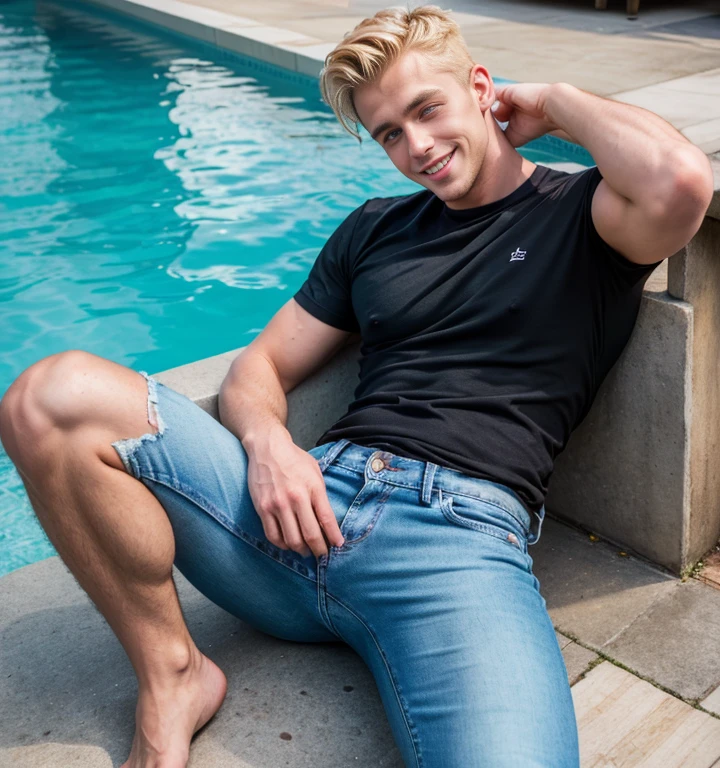 ((Full body))A muscular teenage boy, flaccid penis, solo, short blond hair, nude, spread leg, partially submerged, hot spring background,  looking at viewer,  realistic blue eyes, wet, veins, water, sideburns, male pubic hair,  seductive smile, steam, masterpiece, 4k, high quality, highres, absurdres, 