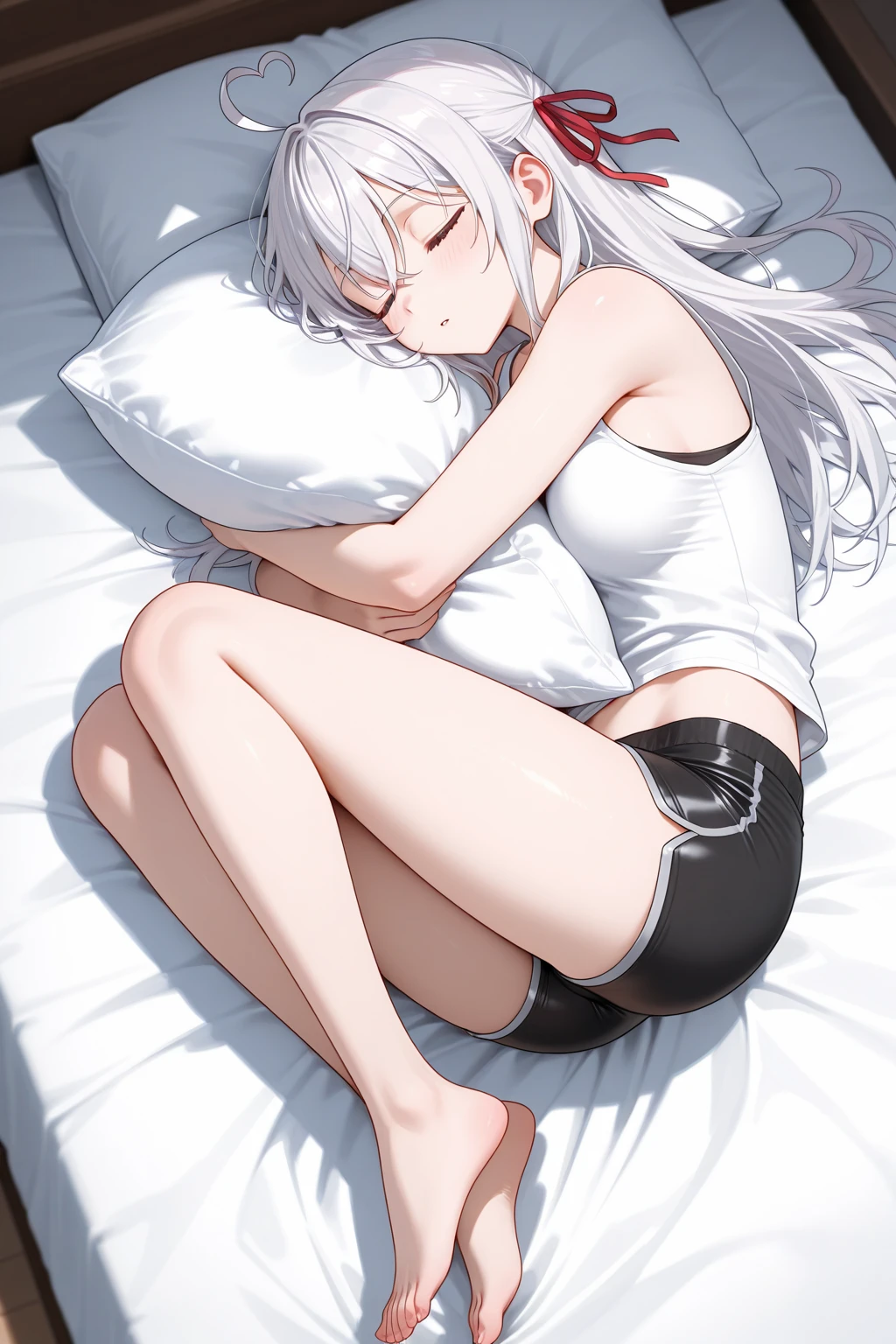 (masterpiece, Highest quality:1.5), (Super detailed, High resolution, 8K, Beautiful details, 超High resolution, Best Anatomy), Gray Hair, Flat Chest, 1 animal ear, barefoot, Bedroom, night, Lying in bed, Sleeping, Close your eyes, Short sleeve and short pants pajamas, Cat girl, Put your head on the pillow, Sleep on your side, blanket, Side angle, (The ears are covered by hair and cannot be seen:1.5)