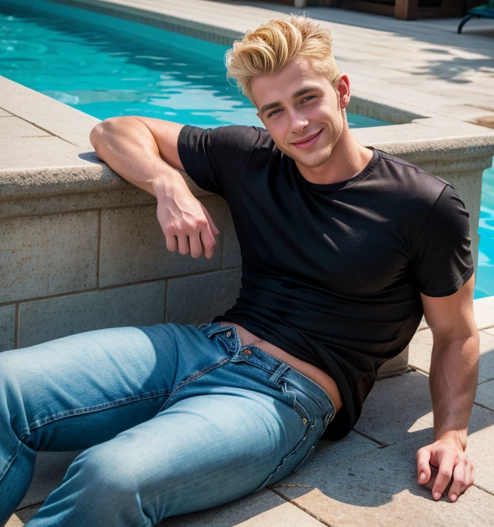 a lean skinny shirtless 18-year old caucasian boy wearing white linen pants, messy blonde hair, cute face, blue eyes, smiling, tanned skin, drenched in sweat, sweating profusely, in the garden behind a fountain