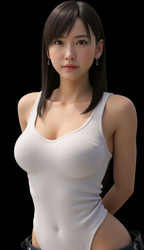 Amazing cowboy shot of a sexy woman wearing her black bob cut hair, seductively gazing and smiling, soft lips, blushing intensely, white tank top, panties , medium chest, perfect body, simple background, Nicole Kidman