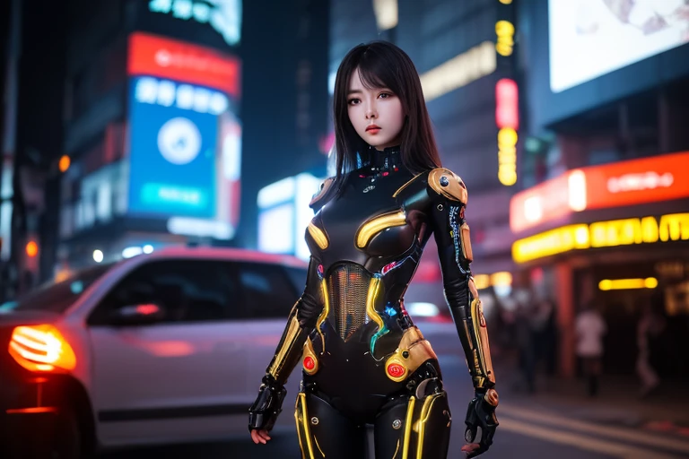 “A detailed illustration of Honami, a female cyborg ninja girl, standing in the midst of a bustling city crowd. She has brown straight hair with bangs and is wearing a white short-sleeved t-shirt with the word ‘サイボーグ’ written in black on the chest. Her entire body, except for her face and chin, is metallic and mechanized with visible red cybernetic enhancements. Honami is shown looking embarrassed, with a blush on her cheeks and a shy expression. The background shows a busy city street with people walking by, tall buildings, and neon signs. The art style is shonen manga-inspired with bold lines, detailed shading, and vibrant colors.”
