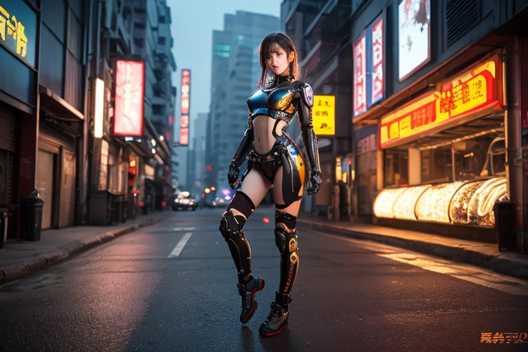 Low - Angle、Highest quality,Very sophisticated beautiful Japanese cyborg girl, She spreads her legs and shows her vagina in front of the destroyed city of Kyoto、Mechanical chest、 Bionic body with futuristic details. (A highly sophisticated cyborg with his arms folded in front of a destroyed city, Bionic body with futuristic details.)
