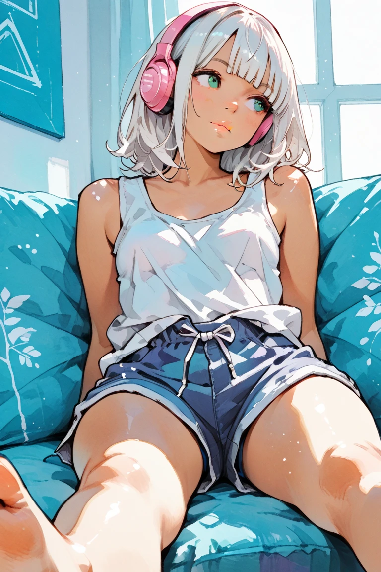 1 girl, tan skin, brown skin, pink eyes, white hair, curly hair, short hair, dark blue shirt, dark blue shorts