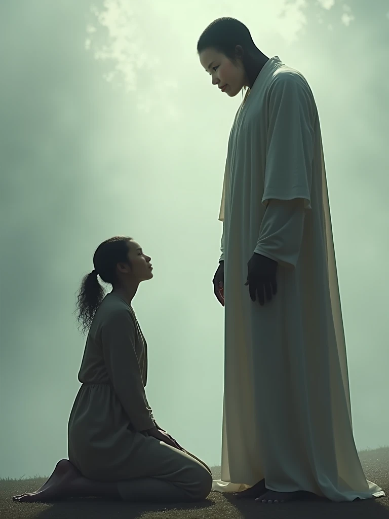 "Two characters meet: A thin man with short black hair, wearing a long cape and a black mask. Beside him stands another thin man in a black hoodie and pants with the hood over his head. They shake hands, side view. Both are minimalist characters, in 8k resolution, photorealistic style, cinematic lighting, with a melancholic atmosphere, dramatic shadows, and a muted color palette."