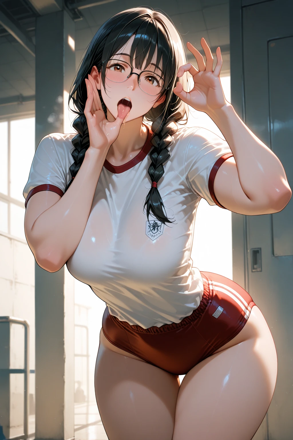 nfsw (((best quality: 1.3))), (((buxom physique: 1.3))), ((showing armpit)), ((squatting)), ((pubic hair)), expression of shame, blush, ((nude)), dark hair, sweat, glasses, school, talebrows